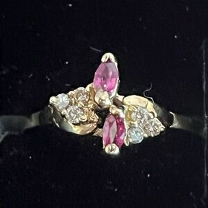 14K Yellow Gold, Dainty, Marquis Shaped, Ruby & Diamond  Ring, Size 6 3/4